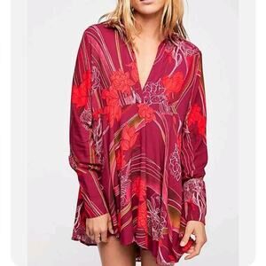 Free People Floral V Neck Feild Of Flowers Long Sleeve Tunic Mini Dress S